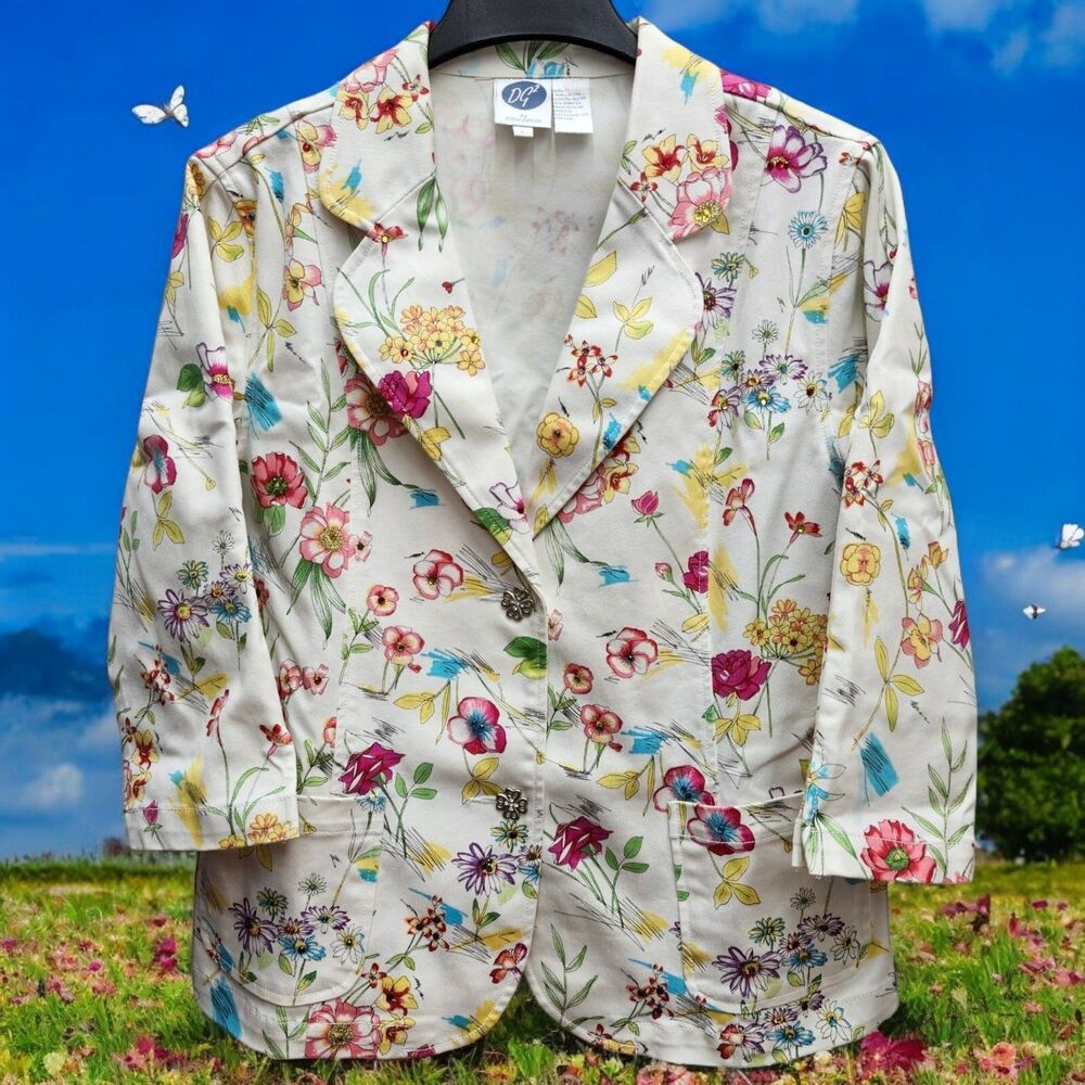 DG2 Diane Gilman Blazer Jacket Womens Large Floral 3/4 Sleeves Cottagecore 90s
